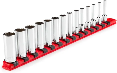 Miniatura 10 de TEKTON Juego de llaves de vaso de 12 puntos poco profundas y profundas de 1/4 pulgadas con rieles y bandejas, 50 piezas