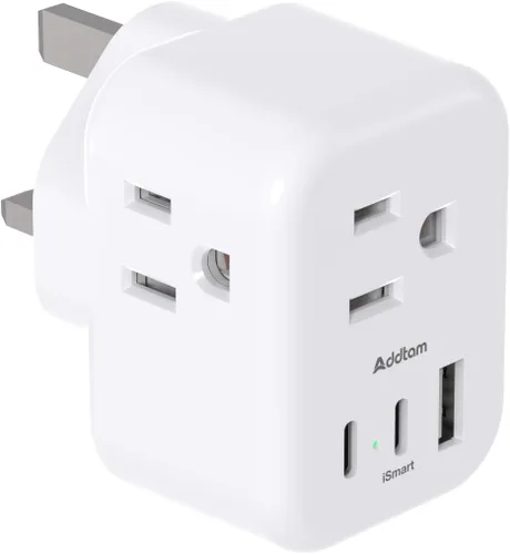 Adaptador de enchufe de EE. UU. a Reino Unido/Irlanda, adaptador de potencia tipo G de Addtam con 3 tomas de corriente AC y 3 USB (1 USB C),