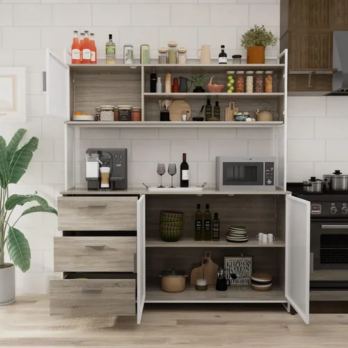 AGOTENI Armario grande de cocina, armario de almacenamiento con 3 puertas de metal, 3 cajones y estante para microondas, para almacenamiento abierto