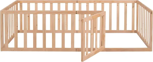 Miniatura 4 de MERITLINE Base de cama de tamaño individual para niños, cama de madera para niños con valla, cama Montessori con puerta, para niños mayores de 6