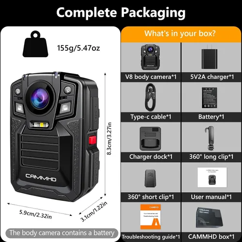 Miniatura 9 de Cámara corporal CAMMHD V8-1TB 4K con grabación de audio y video, cámara corporal 2160P, dos baterías de 4400mAh, funciona 14H, grabadora de video