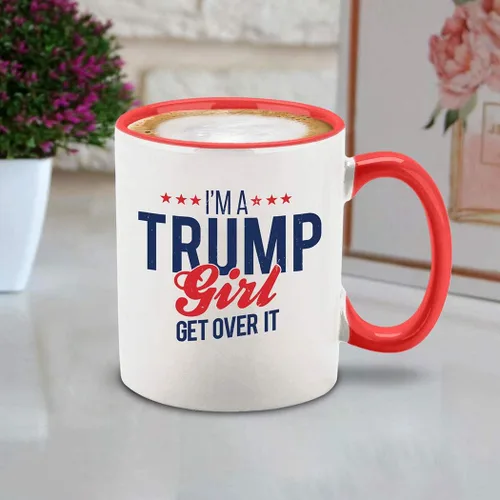 Miniatura 3 de Taza de café de cerámica con texto en inglés "I'm a Trump Girl Get Over It", regalo para ella, 11 onzas (mango rojo)