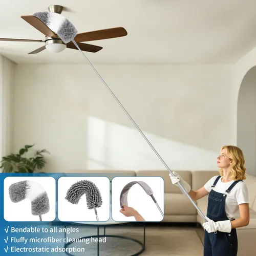 Miniatura 4 de Plumero de telaraña con poste de extensión de 30 a 100 pulgadas (acero inoxidable), plumero de microfibra para limpieza, plegable y lavable, se