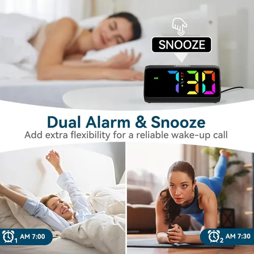 Miniatura 5 de Reloj despertador Netzu extra fuerte para personas que duermen pesadas, relojes despertador RGB para dormitorios para adultos mayores y niños, reloj