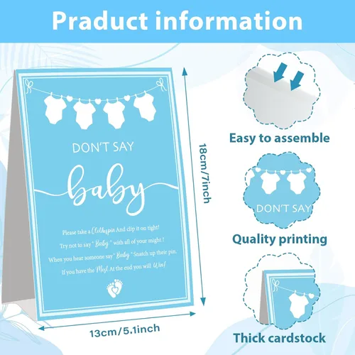 Miniatura 2 de Don't Say Baby Game, juegos de baby shower para niños, 1 letrero azul decorativo y 50 mini pinzas azules para la ropa, ideas de decoración