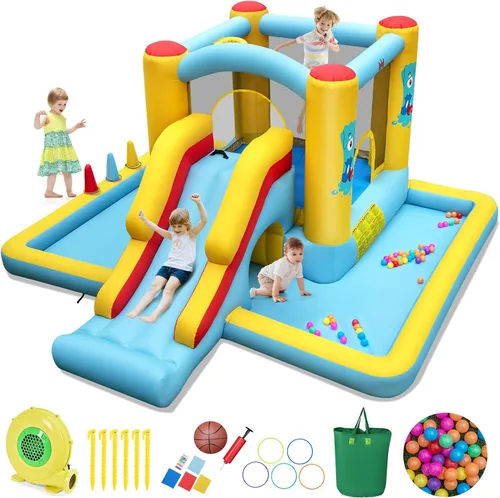 BOUNTECH Casa inflable con hoyo de bolas, casa inflable con tobogán largo y túnel para niños de 3 años en adelante, diversión de fiesta en el patio