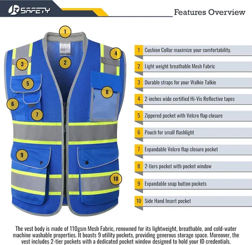 Miniatura 4 de JKSafety Chaleco de alta visibilidad con 9 bolsillos de malla transpirable, cuello acolchado, utilidad de trabajo, EPI ligera, equipo de trabajo