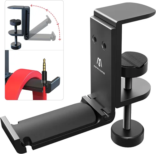 Soporte plegable para auriculares debajo del escritorio, gancho de metal para auriculares para escritorio con organizador de cables, gancho para