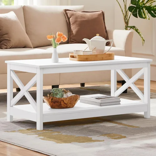 Miniatura 11 de Yaheetech Mesa de centro negra de madera de 2 niveles con estante de almacenamiento para sala de estar, mesa de cóctel con diseño en X, muebles