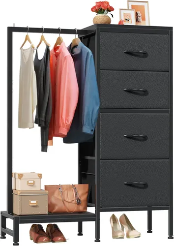 Miniatura 9 de HIGDBFE Cómoda alta de 44 pulgadas de alto con estante para colgar, cómoda pequeña de 4 cajones para dormitorio, cómoda de tela reversible con Blanco