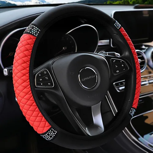 Miniatura 10 de Funda para volante de cuero suave brillante de 15 pulgadas con diamantes de imitación con brillos para mujeres y niñas – Accesorio elástico