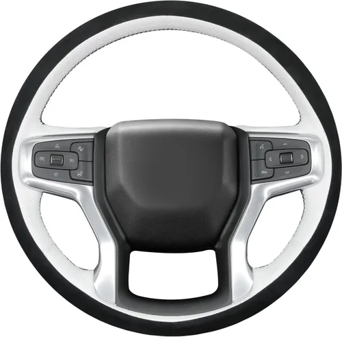 MEWANT Funda de volante cosida a mano para Chevy Silverado 1500 Negro 9040 Athsuede Blanco Faux Leather Volante Envoltura