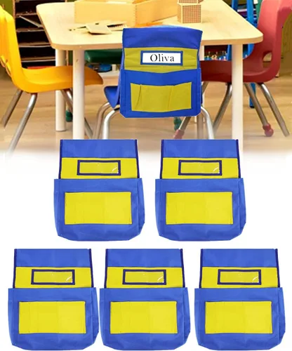Miniatura 6 de 5 bolsillos organizadores para silla con ranura para etiqueta de nombre, bolsa de almacenamiento colgante para asiento de aula para niños