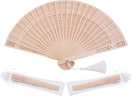 Sepwedd Juego de 50 abanicos de madera de sándalo, abanicos de mano para baby shower, recuerdos de fiesta con bolsas de organza y borlas, ventilador