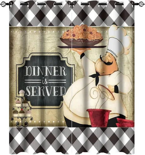 Cortinas opacas de cocina para chef, vintage, medieval, chef, a cuadros, negro, con ojales, para ventana, ahorro de energía, cortinas con