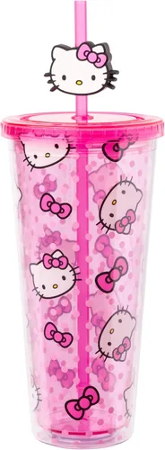 Miniatura 20 de Silver Buffalo Sanrio Hello Kitty Bow Pink Polka Dots - Vaso frío de plástico con tapa y tapa con pajita, 24 onzas Lazo Hello Kitty y lunares rosados