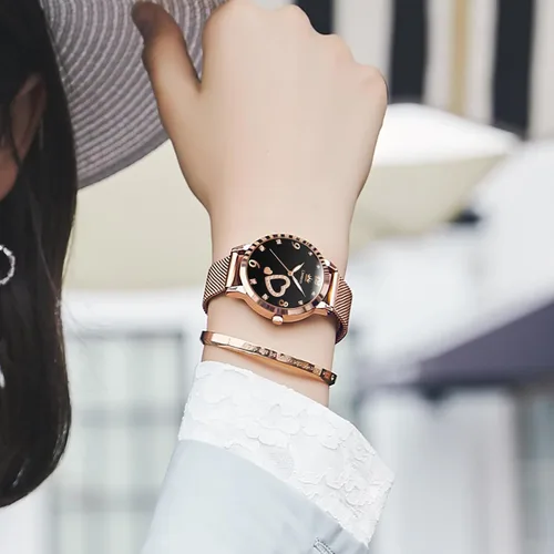 Miniatura 5 de devaco Reloj de pulsera del cuarzo del diamante del oro rosa del acero inoxidable, reloj de moda de las señoras de la prenda impermeable