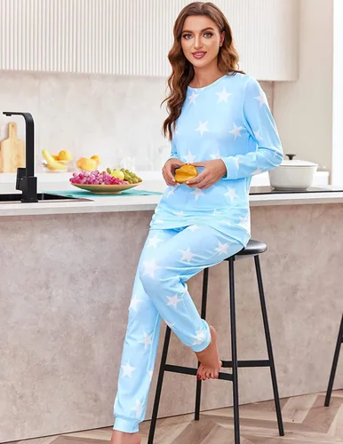 Miniatura 219 de Ekouaer Conjunto de pijama de manga larga para mujer, ropa de dormir suave con cuello redondo y bolsillos