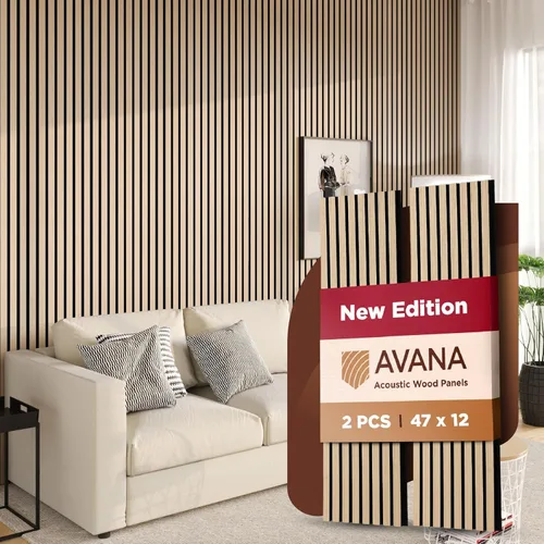 Miniatura 25 de Avana Paneles de pared de madera acústica de 94.4 x 12.6 pulgadas, 2 piezas de paneles acústicos de roble negro, paneles de pared para decoración