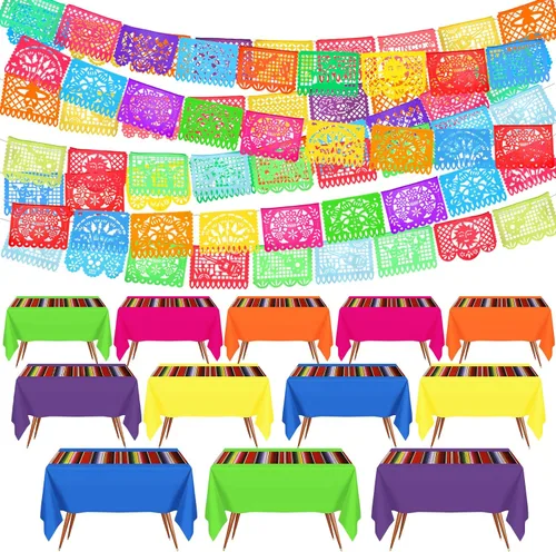 Preboun Mantel de plástico mexicano y pancarta de papel picado mexicano, suministros de decoración de fiesta, cubierta de mesa para mesas Colorido