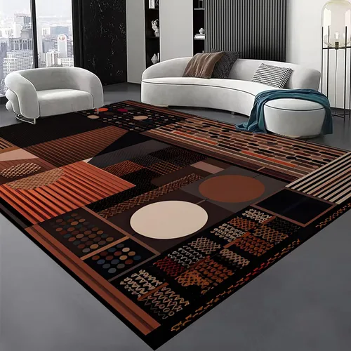 Miniatura 12 de Alfombra geométrica abstracta negra/marrón/naranja de 6x8 pies - Alfombra lavable multicolor moderna retro, alfombra antideslizante