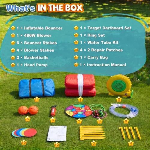 Miniatura 7 de Casa inflable de rebote con tobogán acuático, 12 en 1, tobogán acuático inflable con piscina de salpicaduras, aro de baloncesto, pistola de agua