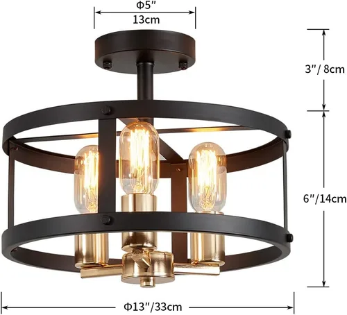 Miniatura 3 de AGV LIGHTING Lámpara de techo semiempotrada de granja, 3 luces cerca del techo, acabado dorado brillante y negro mate