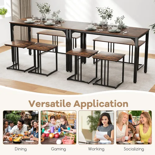 Miniatura 7 de GOFLAME Juego de mesa de comedor de 4 piezas para 4, mesa de comedor rectangular de madera con banco y 2 taburetes, juego de mesa de cocina