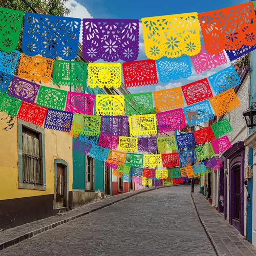 Miniatura 4 de Kinlop 20 pancartas de fiesta mexicana de 15 pies para fiesta de papel picado a granel Cinco de Mayo, banderas de Día de los Muertos Día