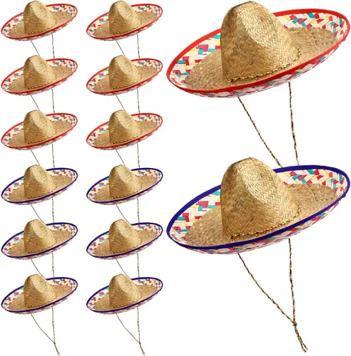 Mumufy 12 sombreros para adultos, hombres y mujeres, con sombrero de paja para barbilla, fiesta de disfraces mexicanos (color clásico)