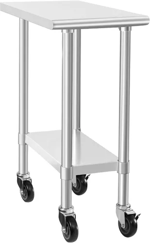 Miniatura 12 de HARDURA Mesa comercial de acero inoxidable para preparación y trabajo con ruedas, mesa de metal resistente con ruedas, NSF 430, 14 x 30 pulgadas