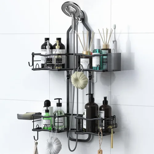 Organizador colgante de ducha, resistente al óxido, con ganchos para afeitar/esponja, estantes de baño sin perforaciones, estantes de almacenamiento