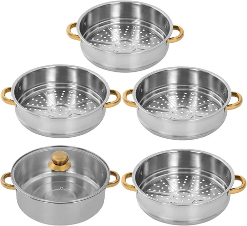 Miniatura 4 de Vaporizador de 10.2 x 16.5 in/10.24 x 16.54 pulgadas, olla de vapor de acero inoxidable de 5 niveles con tapa transparente y asas doradas