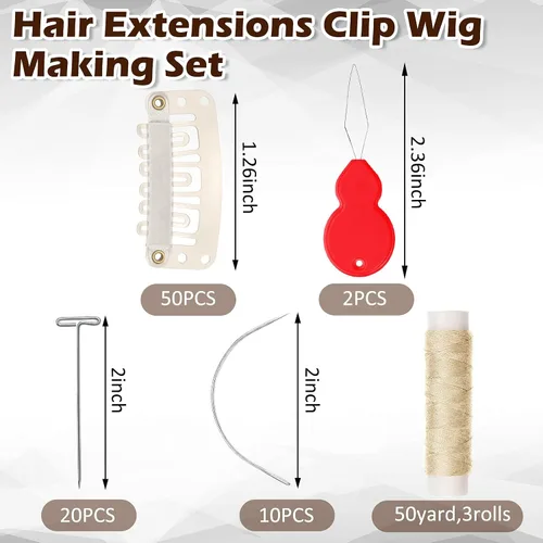 Miniatura 3 de Juego de 85 extensiones de cabello con clip, incluye 50 clips a presión en forma de U, 10 agujas curvas, 20 pines en T, 3 rollos de hilo de tejer, 2