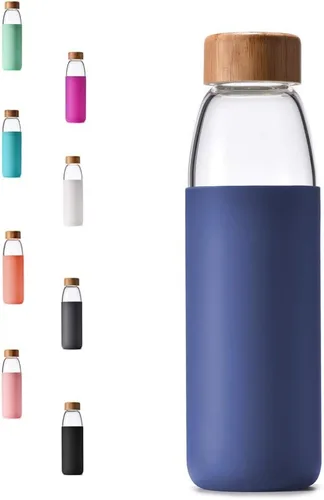 Miniatura 20 de Botellas de agua de vidrio de borosilicato de 25 onzas con tapa de bambú, sin BPA, funda de silicona antideslizante y tapa a prueba de fugas de Azul