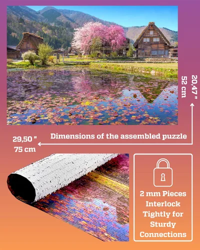 Miniatura 2 de Rompecabezas de 1000 piezas para adultos – Villa escénica con cerezos en flor, caja lista para regalo, letras en la parte posterior, 8 hojas Cerezos