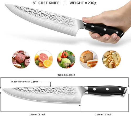 Miniatura 2 de Cuchillo de chef japonés de acero 7CR13 de 8 pulgadas, mango de madera de Pakka negra con triple remache con proceso de forja extra, regalos