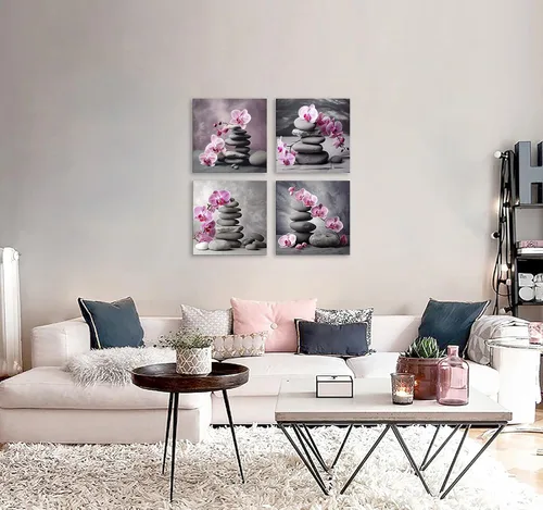 Miniatura 6 de NAN Wind Arte de pared en lienzo de orquídeas rosas y piedras zen - Decoración de orquídeas - Cuadros de flores de spa - Arte de pared Zen