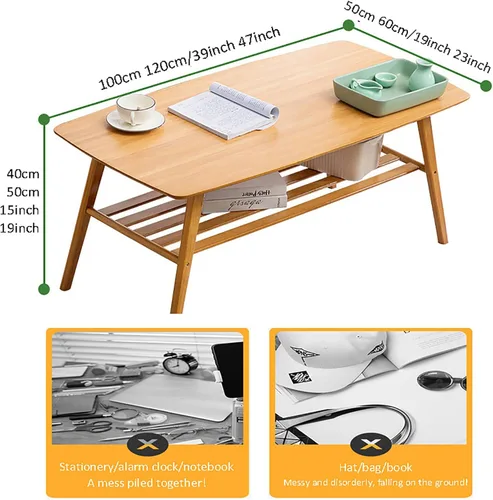 Miniatura 3 de HM&DX Mesa auxiliar de bambú, mesa auxiliar rectangular con estante abierto de almacenamiento, mesa de centro de 2 niveles, mesa central de mediados