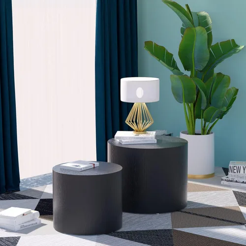 Miniatura 8 de Juego de 2 mesas auxiliares anidables para sala de estar, juego de mesa auxiliar redonda moderno, mesa auxiliar circular de madera y muebles Negro