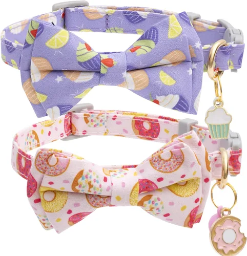 Miniatura 13 de Faygarsle Paquete de 2 collares de gato lindos con campana de moño separable para gatos machos y hembras, patrón de sandía, limón y rosa de lujo