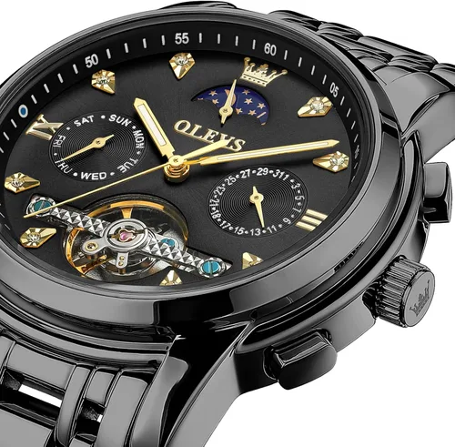 Miniatura 2 de OLEVS Relojes automáticos para hombre, impermeable, vestido de lujo, cuerda automática, esqueleto mecánico, tourbillon, fase lunar, acero