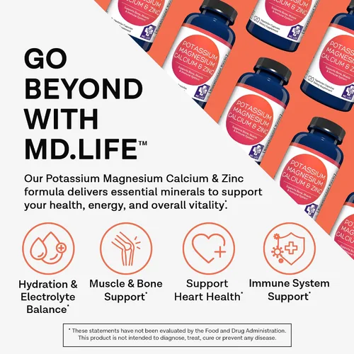 Miniatura 2 de MD. Life Suplemento de potasio, magnesio y zinc y calcio, 120 cápsulas, suplemento de potasio y magnesio y zinc, apoya la salud ósea y la salud