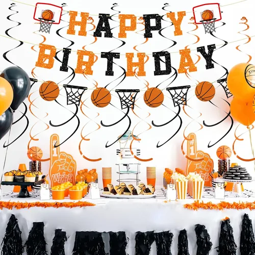 Miniatura 5 de Decoraciones de fiesta de cumpleaños de baloncesto preencordadas, sin pancarta de feliz cumpleaños con purpurina, guirnalda de papel, remolinos