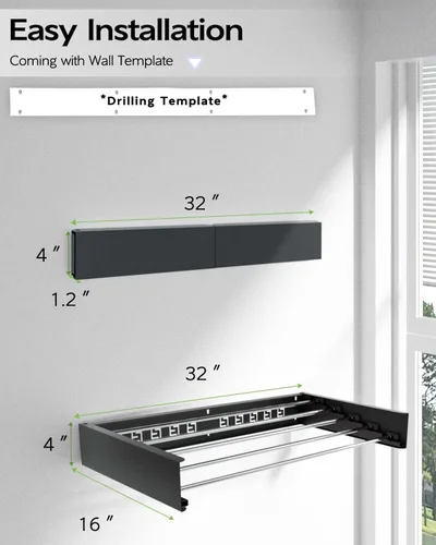 Miniatura 6 de Vikaqi Tendedero de Ropa Montado en la Pared de 32", Tendedero de Lavandería Plegable de Montaje en Pared para Interiores, Tendedero de Ropa Negro