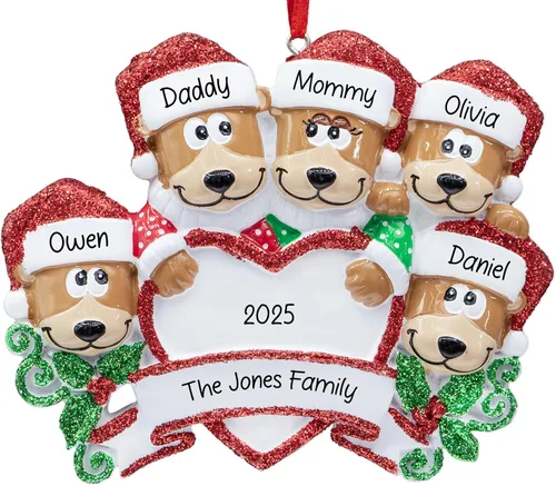 Miniatura 9 de Adorno de Navidad personalizado de familia de 5 con corazón de oso negro 2026 Padres e hijos personalizados para el árbol de Navidad Recuerdo