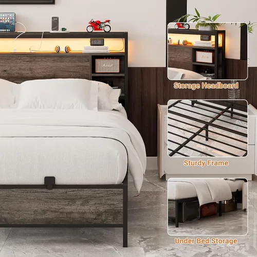 Miniatura 6 de Unikito Base de cama de tamaño individual con estación de carga y luz LED RGB, plataforma resistente con cabecera de almacenamiento, listones