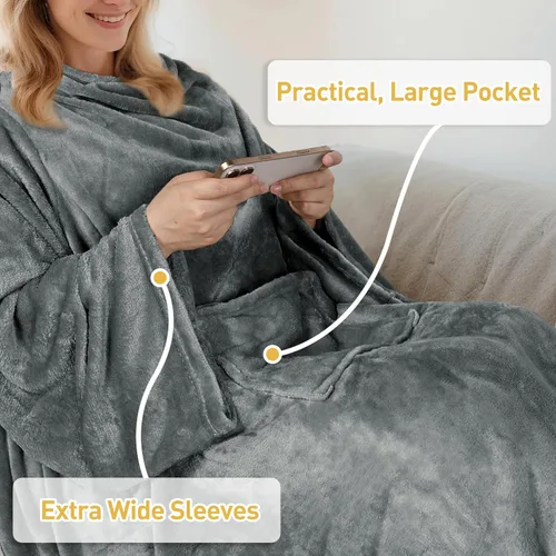 Miniatura 6 de Catalonia Manta Vestible con Mangas y Bolsillo, Suave y Acogedora Manta Envolvente de Vellón de Microfelpa Tipo Visón Estilo Bata para Mujeres y Gris