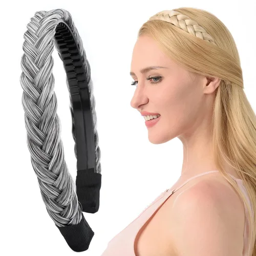 Miniatura 37 de Ancho de 1.5 cm Banda de pelo sintético trenzada estrecha con dientes para mujeres y niñas (Negro)
