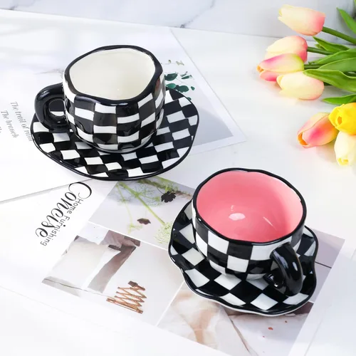 Miniatura 3 de Noviko Taza de Cerámica a Cuadros Juego de Taza de Té y Platillo de 10 onzas